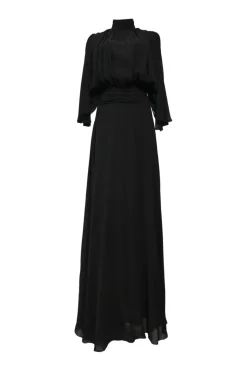 Black bias-cut mock neck flutter sleeve gown