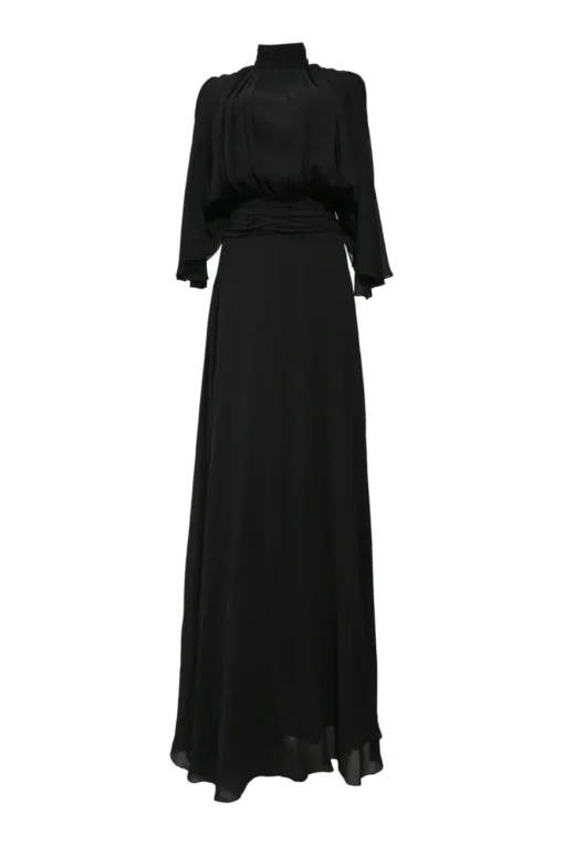 Black bias-cut mock neck flutter sleeve gown