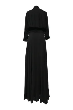 Black bias-cut mock neck flutter sleeve gown