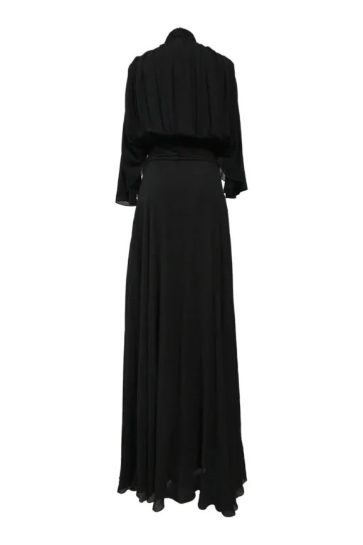 Black bias-cut mock neck flutter sleeve gown