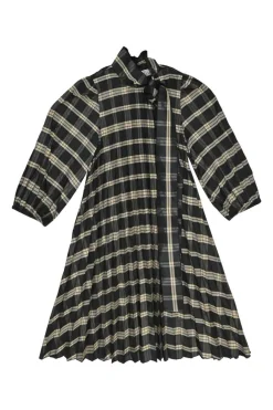 Black bias-cut polyester check pussy-bow shift dress with balloon sleeves and plissé skirt