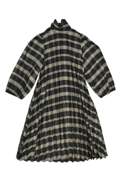 Black bias-cut polyester check pussy-bow shift dress with balloon sleeves and plissé skirt
