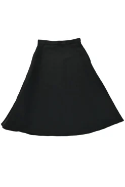 Black bias-cut polyester pull-on skater midi skirt with concealed side zip fastening