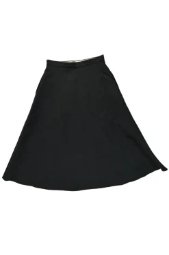 Black bias-cut polyester pull-on skater midi skirt with concealed side zip fastening