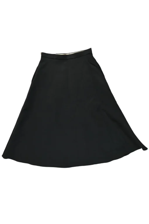 Black bias-cut polyester pull-on skater midi skirt with concealed side zip fastening