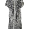 Black bias-cut polyester-blend leopard print plunge neck midi dress with gathered waist