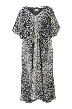 Black bias-cut polyester-blend leopard print plunge neck midi dress with gathered waist