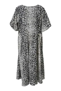 Black bias-cut polyester-blend leopard print plunge neck midi dress with gathered waist