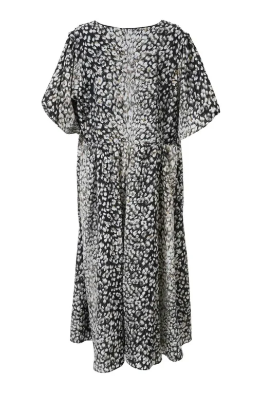 Black bias-cut polyester-blend leopard print plunge neck midi dress with gathered waist