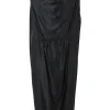 Black bias-cut silk satin cowl neck blouson shift sack midi dress