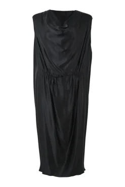 Black bias-cut silk satin cowl neck blouson shift sack midi dress