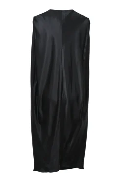 Black bias-cut silk satin cowl neck blouson shift sack midi dress
