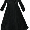Black bias-cut striped polyester twill plunge neck midi A-line dress