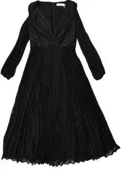 Black bias-cut striped polyester twill plunge neck midi A-line dress