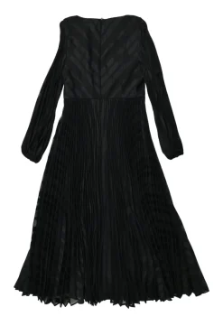 Black bias-cut striped polyester twill plunge neck midi A-line dress