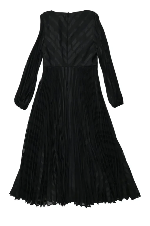 Black bias-cut striped polyester twill plunge neck midi A-line dress