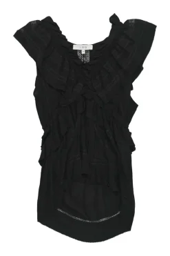 Black bias-cut viscose Kess sleeveless ruffle peplum top with tonal lace inserts