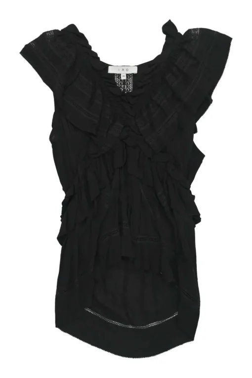 Black bias-cut viscose Kess sleeveless ruffle peplum top with tonal lace inserts