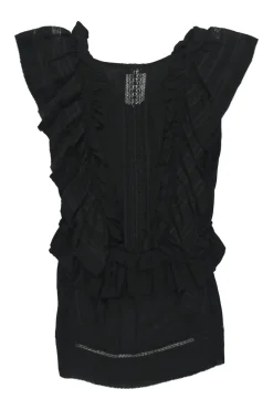Black bias-cut viscose Kess sleeveless ruffle peplum top with tonal lace inserts