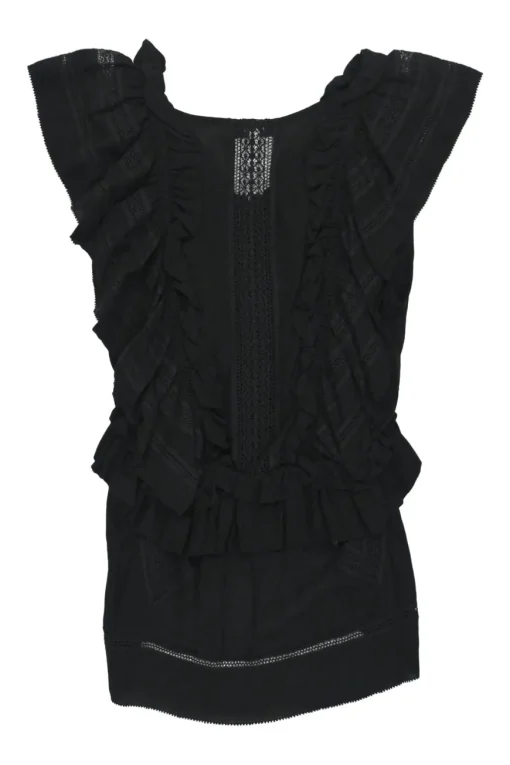 Black bias-cut viscose Kess sleeveless ruffle peplum top with tonal lace inserts