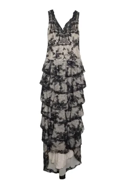 Black bi-layer polyester floral lace tiered drop waist gown