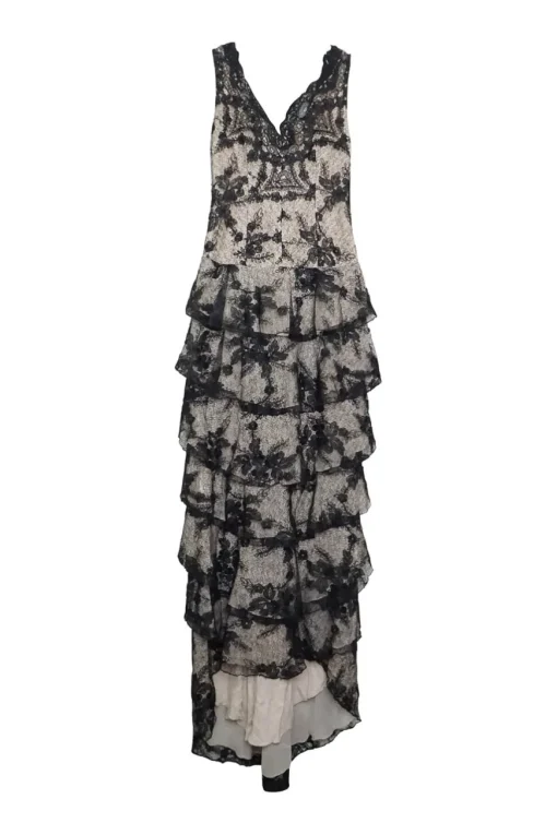 Black bi-layer polyester floral lace tiered drop waist gown