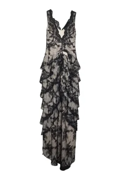 Black bi-layer polyester floral lace tiered drop waist gown