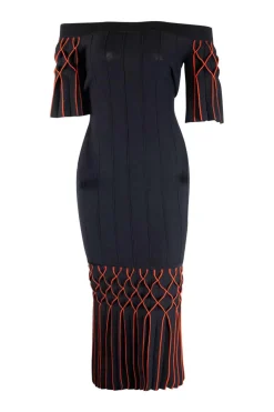 Black bodycon mid-length, short sleeved dress with red detailing