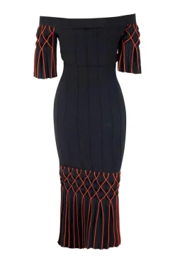 Black bodycon mid-length, short sleeved dress with red detailing