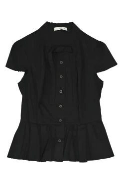 Black bow-embellished cotton-blend stand collar cap sleeve button-front peplum blouse