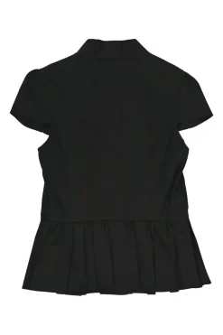 Black bow-embellished cotton-blend stand collar cap sleeve button-front peplum blouse