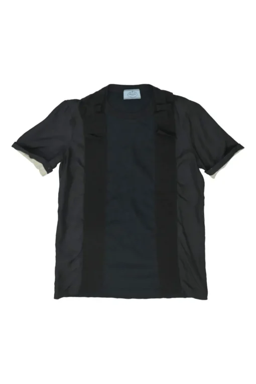Black bow-embellished paneled crewneck pullover T-shirt