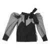 Black bow-embellished polyester plumetis tulle pussy-bow puff sleeve blouse with built-in solid camisole