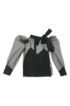 Black bow-embellished polyester plumetis tulle pussy-bow puff sleeve blouse with built-in solid camisole