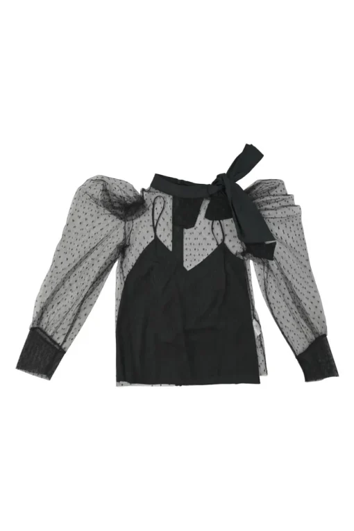 Black bow-embellished polyester plumetis tulle pussy-bow puff sleeve blouse with built-in solid camisole