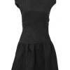 Black bow-embellished polyester wave brocade stand collar cap sleeve drop-waist A-line mini dress