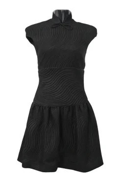 Black bow-embellished polyester wave brocade stand collar cap sleeve drop-waist A-line mini dress