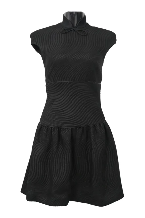 Black bow-embellished polyester wave brocade stand collar cap sleeve drop-waist A-line mini dress