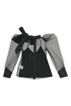 Black bow-embellished polyester plumetis tulle pussy-bow puff sleeve blouse with built-in solid camisole