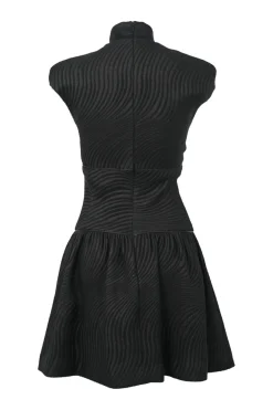 Black bow-embellished polyester wave brocade stand collar cap sleeve drop-waist A-line mini dress
