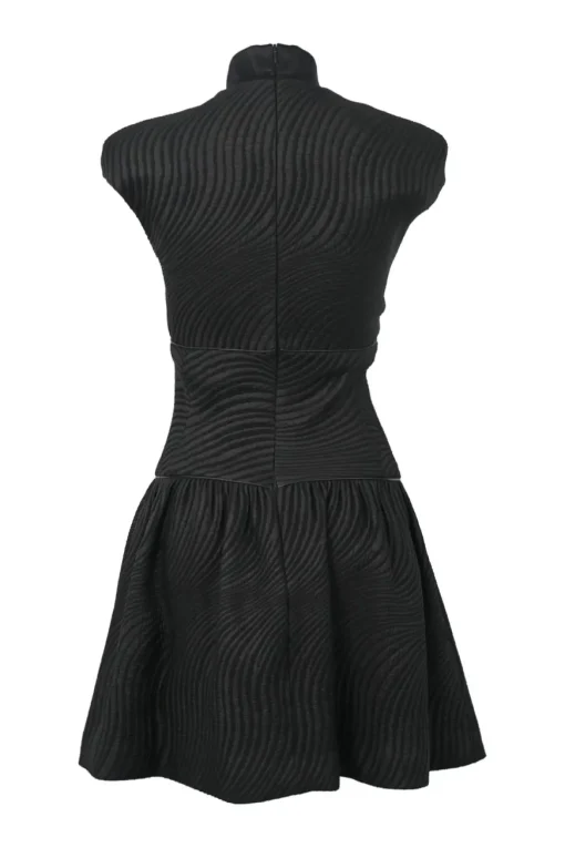 Black bow-embellished polyester wave brocade stand collar cap sleeve drop-waist A-line mini dress