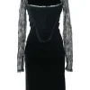 Black bow-embellished rayon-blend velvet cutout sweetheart sheath dress with tonal semi-sheer lace sleeves