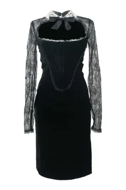 Black bow-embellished rayon-blend velvet cutout sweetheart sheath dress with tonal semi-sheer lace sleeves