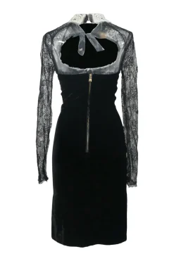 Black bow-embellished rayon-blend velvet cutout sweetheart sheath dress with tonal semi-sheer lace sleeves