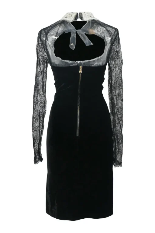 Black bow-embellished rayon-blend velvet cutout sweetheart sheath dress with tonal semi-sheer lace sleeves
