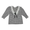 Black bow-embellished Vichy cotton button-front puff sleeve blouse with contrasting lace collar insert