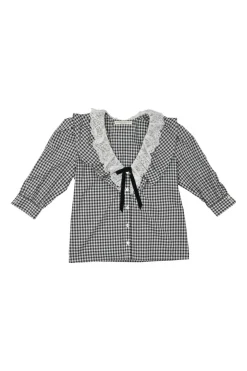 Black bow-embellished Vichy cotton button-front puff sleeve blouse with contrasting lace collar insert