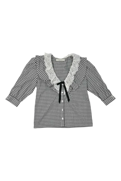 Black bow-embellished Vichy cotton button-front puff sleeve blouse with contrasting lace collar insert