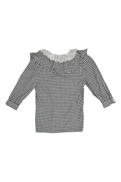 Black bow-embellished Vichy cotton button-front puff sleeve blouse with contrasting lace collar insert