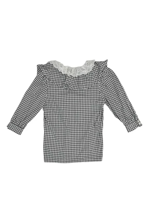 Black bow-embellished Vichy cotton button-front puff sleeve blouse with contrasting lace collar insert